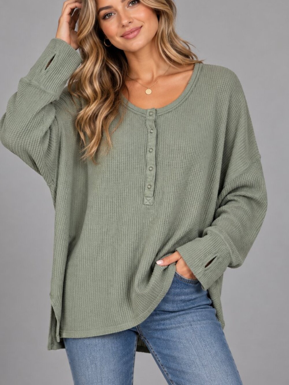 OFFLINE by Aerie Waffle Knit Henley Top Large Sage Green Thumbholes Oversized